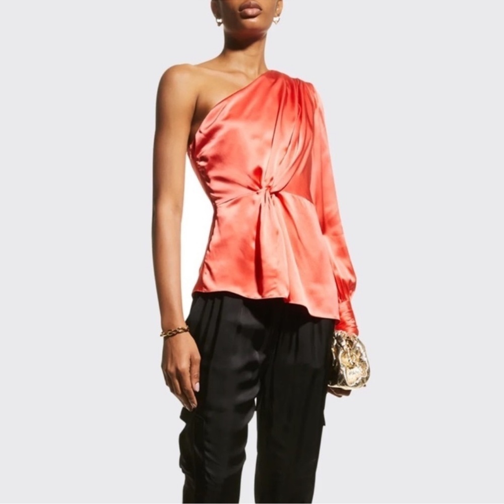 NWT Cinq A Sept Stace Coral Pink One Shoulder 100% Silk Satin Blouse Medium